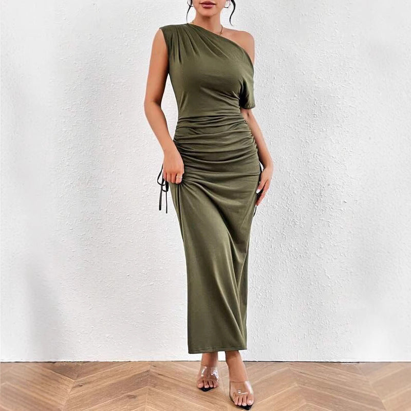 2024 european and american cross-border amazon sexy women's new one-shoulder bodycon ruched maxi dress