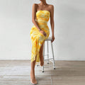 Custom-made cross-border women's tk mesh printed dress, new summer high-waisted slimming slit tube top bodycon dress