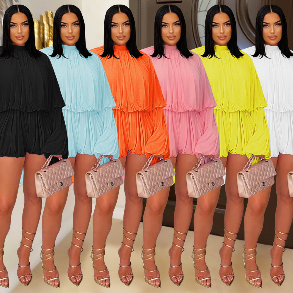 C7432 cross-border   fashion women's fashion casual pleated solid color jumpsuit shorts new