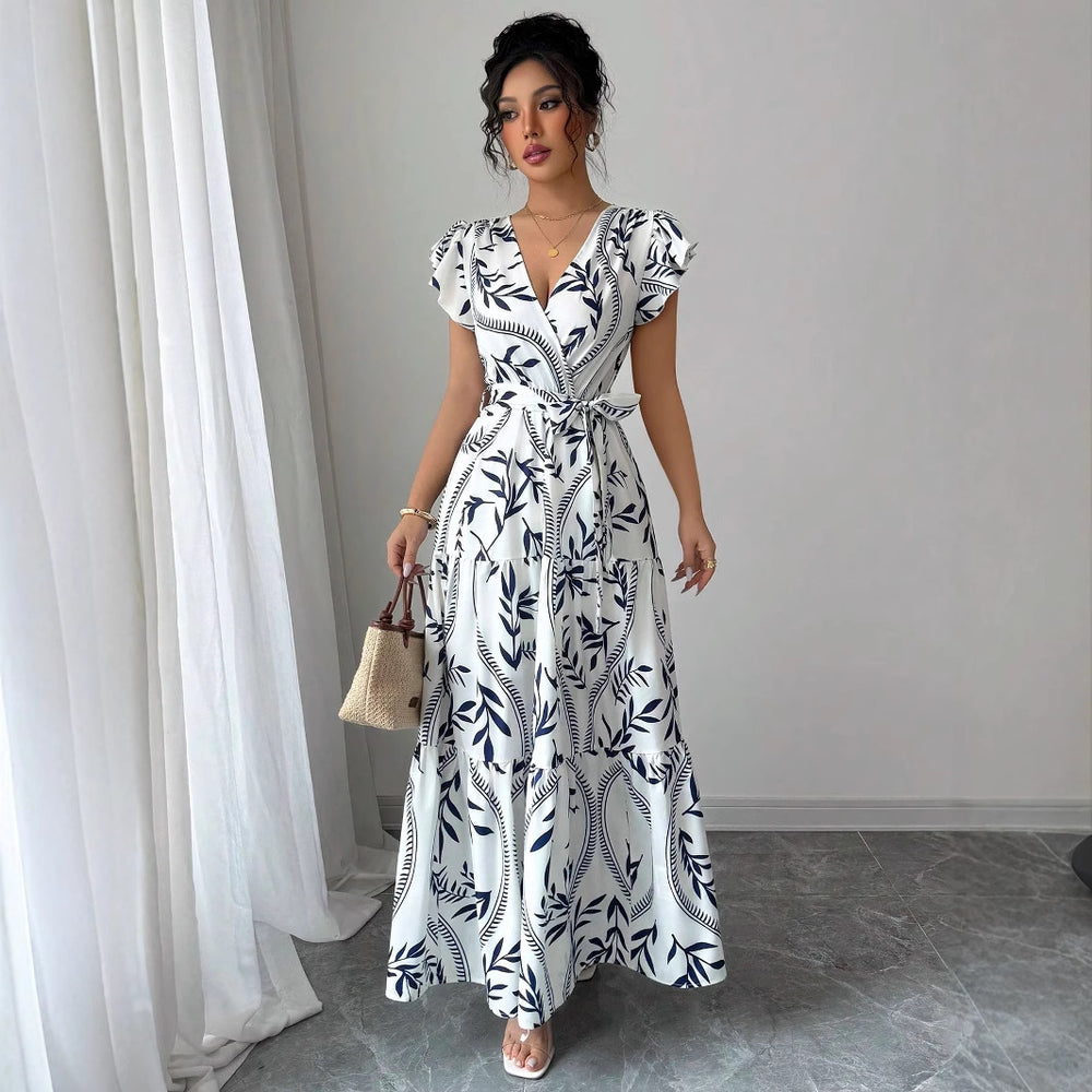 spring/summer  new arrival: printed ruffle trim v-neck sexy slim-fit long dress/gown