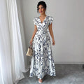 spring/summer  new arrival: printed ruffle trim v-neck sexy slim-fit long dress/gown
