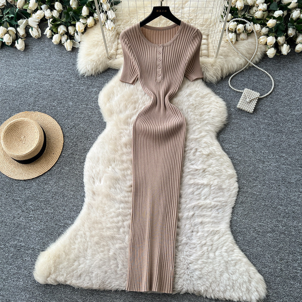 K-styleknittingcasual pure desire style dress women's summer short-sleeved waist silm a-line long skirt light mature elegance style