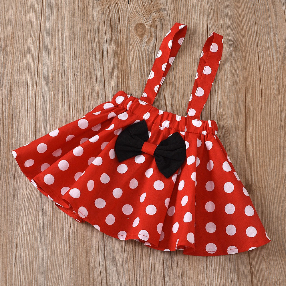 Best sellingpleated skirt kidsfall and winterlong sleeves cartoon polka dot suspender skirt children's clothing with hair tie 5t european and american girl suit
