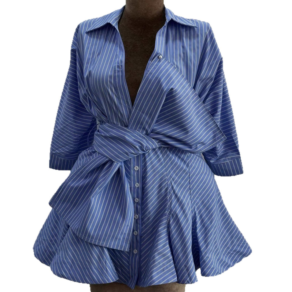 European and american cross-border women's fashion:  summer new arrival - stylish lapel blue and white striped tie-up irregular hem shirt dress
