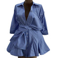 European and american cross-border women's fashion:  summer new arrival - stylish lapel blue and white striped tie-up irregular hem shirt dress