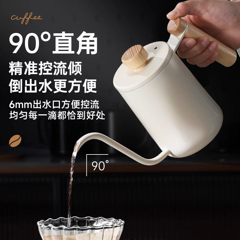 Solid wood handle pour-over kettle, 304 stainless steel coffee dripper with fine spout and measurement markings, coffee brewing tool
