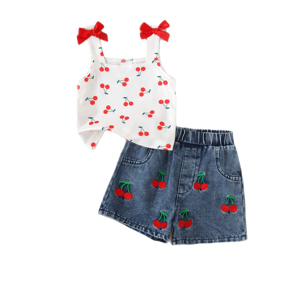 Kids clothing  cross-border new arrivalfashion spring & fallgirl cherry pattern white vest shorts