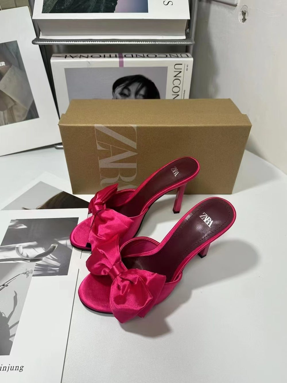 Za 2024 summer new women's pink bow high heel mules - round toe, open back, stiletto heel sandals