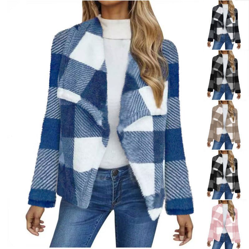 Cross-border women's clothing 2024 new  autumn and winter plaid lamb wool jacket plush cardigan jacket