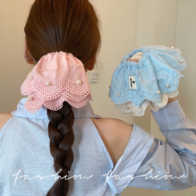 Korean dongdaemun sweet lace trim scrunchie, premium pearl hair tie, ponytail holder, durable hair accessories