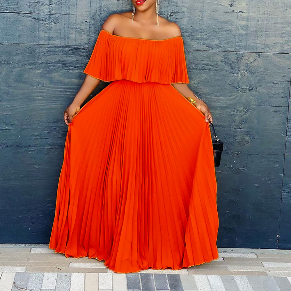 D3129  foreign trade women's summer new sexy off-the-shoulder pleated dress european and american style dress