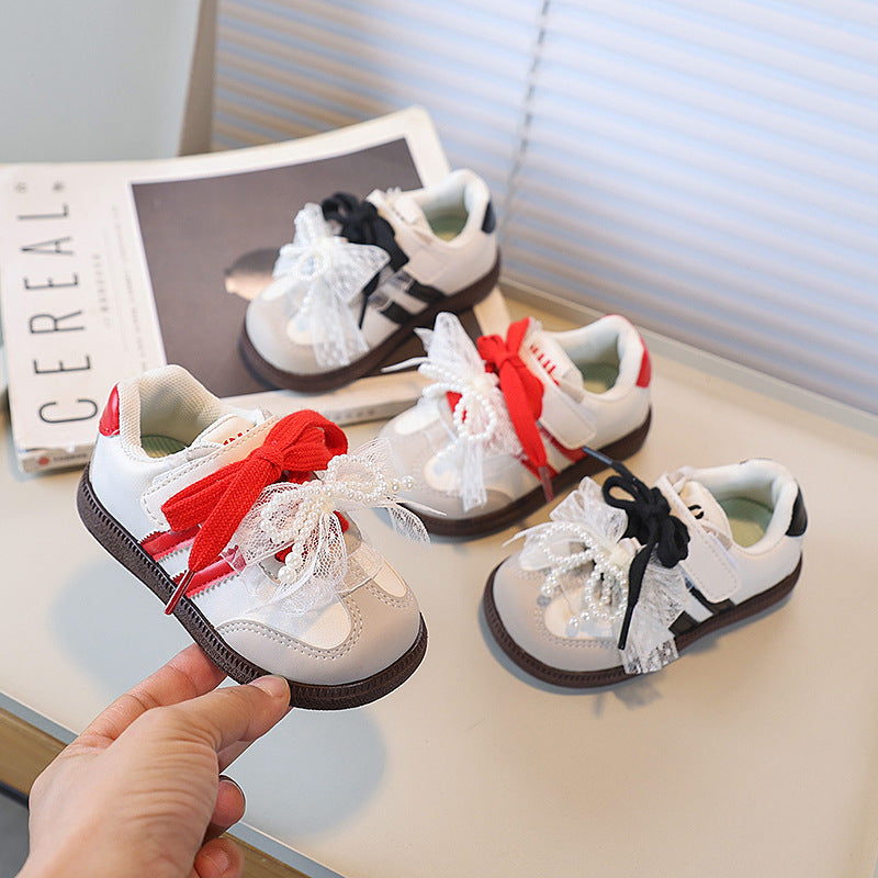 Vancahao fashion  spring/autumn new korean style casual sneakers for girls - vintage lace, pearl, and bow detail