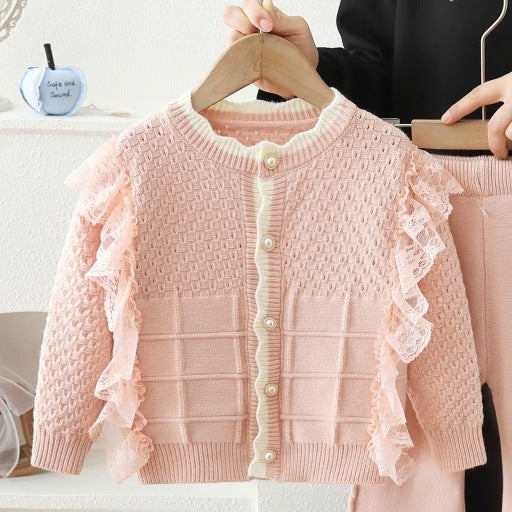 Girls' spring outfit set : new stylish cardigan jacket and lace pants two-piece set for girls - perfect for spring and autumn