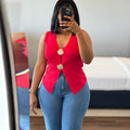 European and american women's clothing  autumn new sweet and fresh v-neck single-breasted waist-cinching slimming vest top