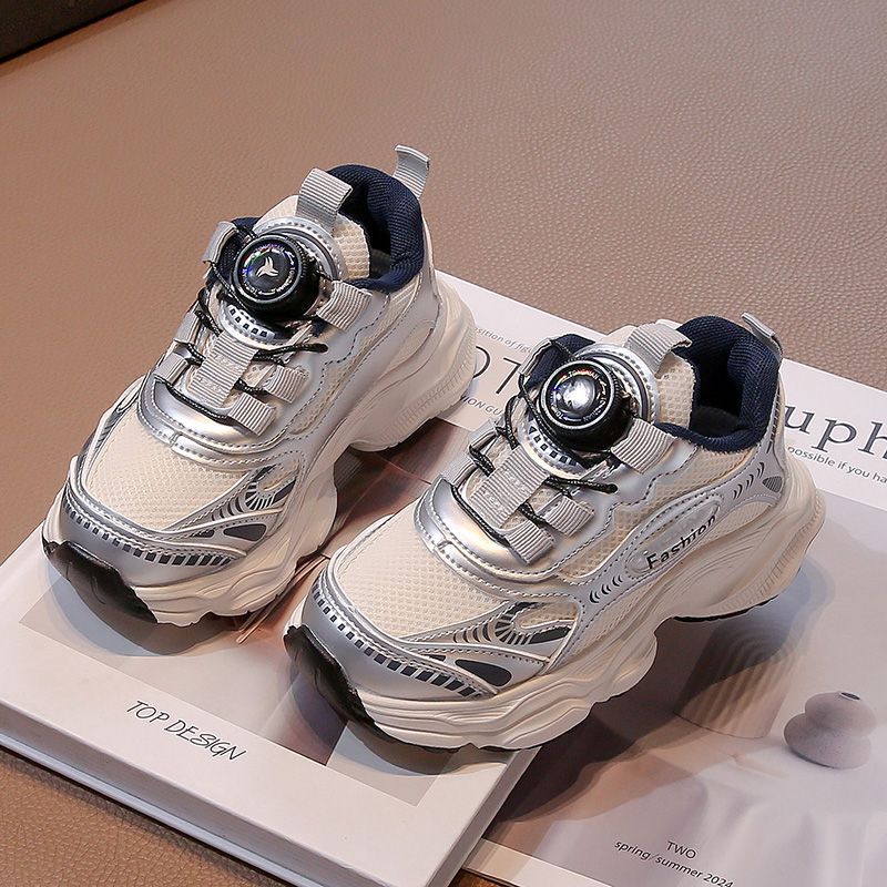 Autumn  new boys' lightweight chunky sneakers with rotating buckle, breathable mesh athletic shoes for little boys' running