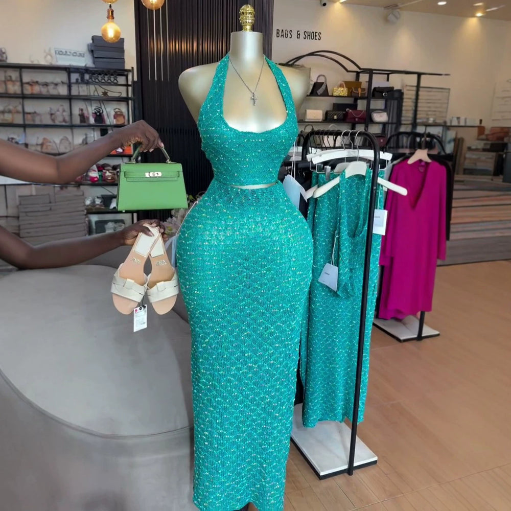 European and american cross-border women's fashion:  summer new arrivals - sexy halter neck, backless, sleeveless top and high-waisted midi skirt set