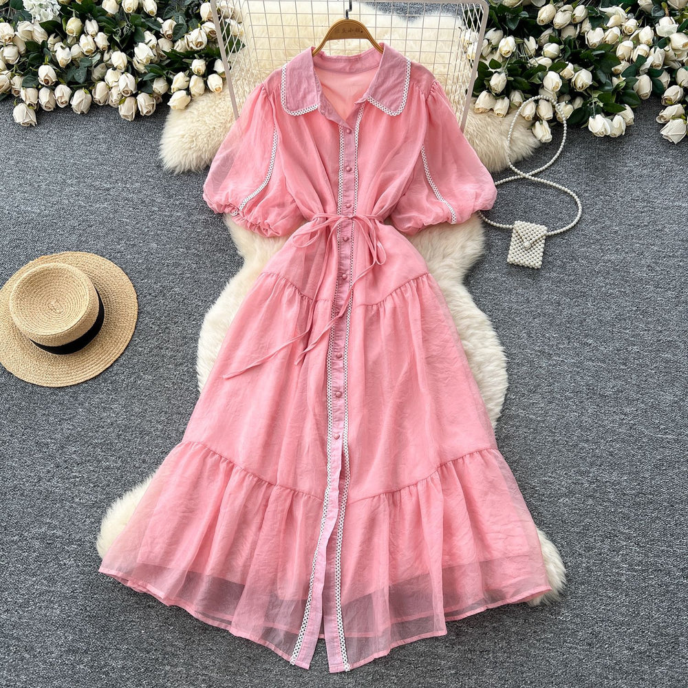 French gentle style elegant lapel lantern sleeves tie back waist single-breasted dress female super fairy slimming look long skirt