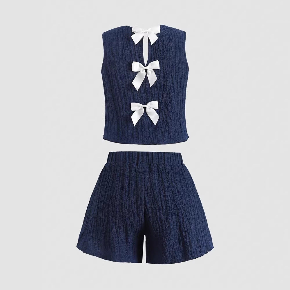 Girls' navy blue sweet sleeveless top with textured detail and back bow + shorts two-piece set