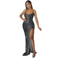 C5915   nightclub hot diamond sexy suspender mesh see-through irregular slit long skirt dress