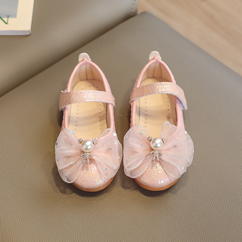 spring/autumn girls' leather shoes - bowknot princess flats - kids' velcro dance shoes - velcro girls' shoes