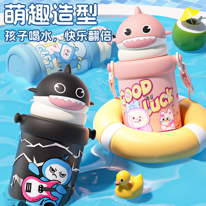 New arrivalwintercute little shark straw cup with strap portable stainless steel thermos cup outdoor sturdy and fall-resistant kids