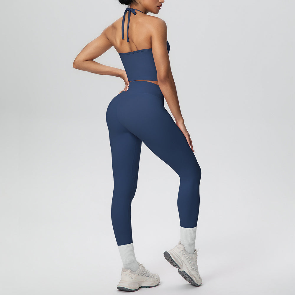 New arrival cross-border brushed beautiful back tight strap halter high waist yoga suit sports running fitness two-piece set