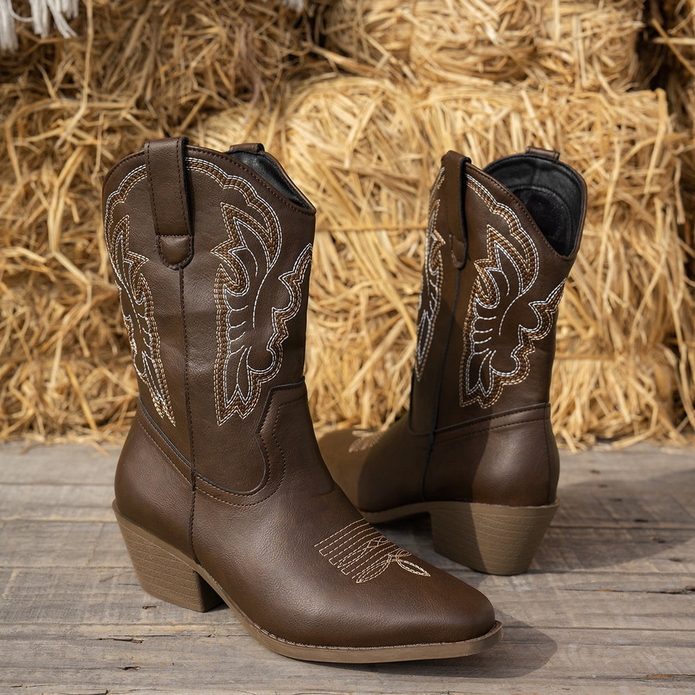 Western cowboy boots women's  embroidered chunky heel mid-calf boots new retro cross-border foreign trade plus size equestrian boots wholesale