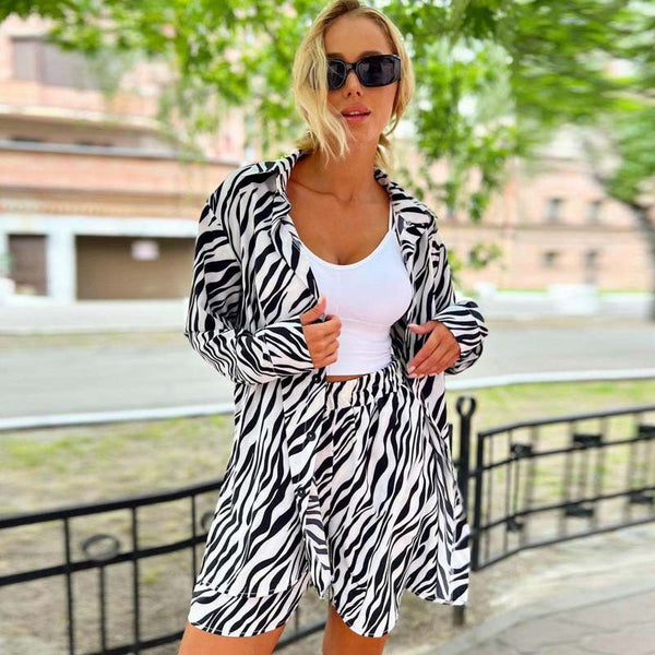European and American suits women's zebra pattern printed cardigan shirt loose shorts African women's casual foreign style two-piece set summer