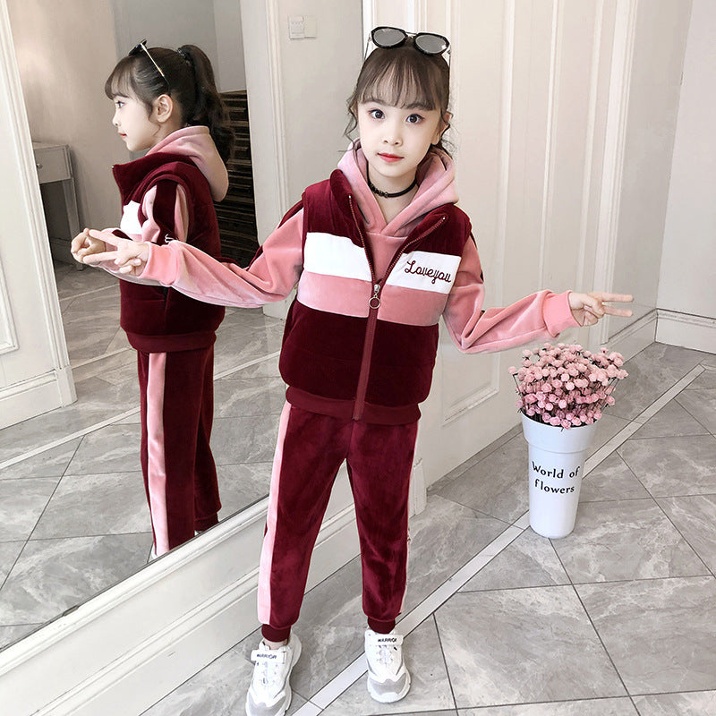 Girls' winter sweatshirt and pants set -  autumn/winter collection - new thickened three-piece outfit for older girls and children (includes vest)