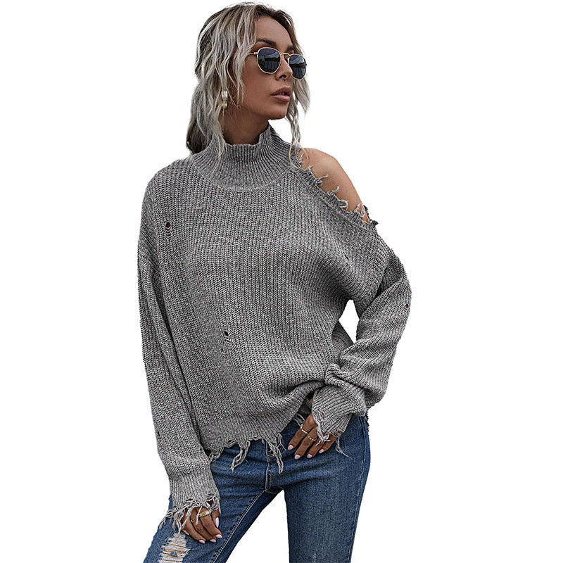 Europe, America, loose off-the-shoulder holes, long-sleeved turtleneck autumn knitted sweater, women's autumn popular women's clothing