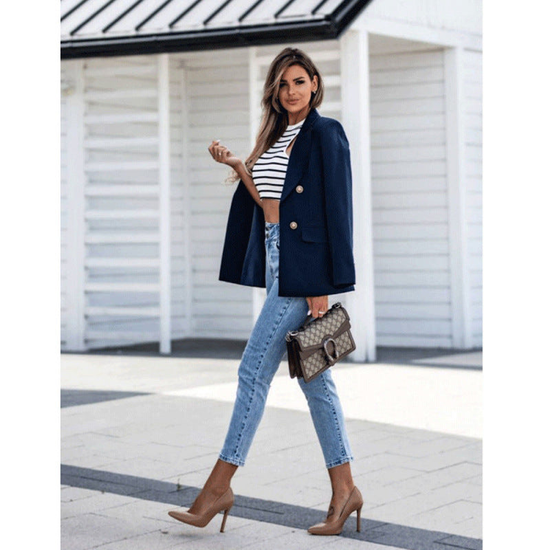 fashion: european and american autumn/winter new double-breasted blazer - solid color women's outerwear