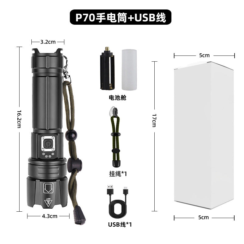 Cross-border special P70 flashlight super bright led aluminum alloy zoom electric display flashlight outdoor multi-function flashlight