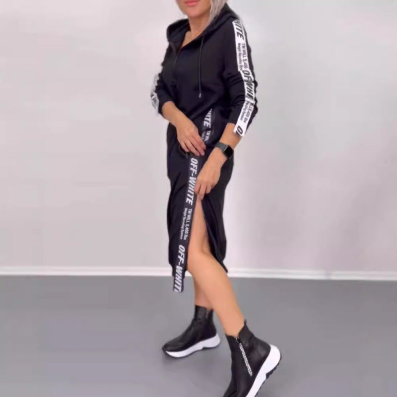 fall/winter new arrivals: european and american fashion slit letter print hooded long sleeve dress - women's apparel