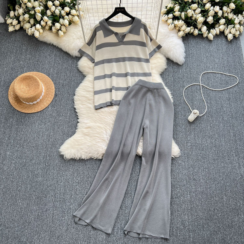 Plus size women's loungewear set: vintage striped knit top & wide-leg pants - relaxed fit, slimming two-piece casual outfit