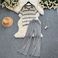 Plus size women's loungewear set: vintage striped knit top & wide-leg pants - relaxed fit, slimming two-piece casual outfit