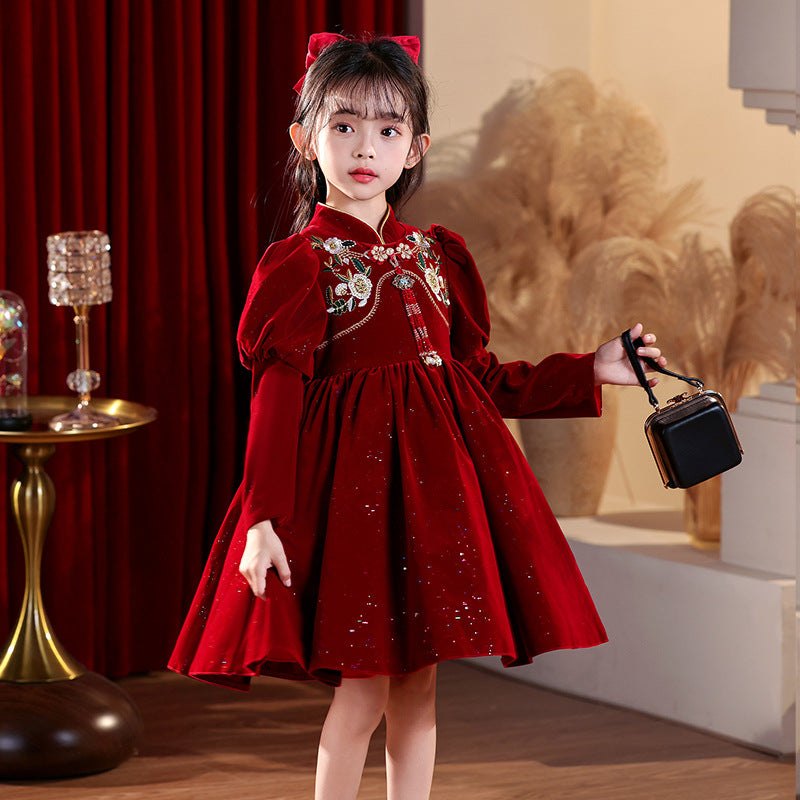 Girl red dress festive new year's greetings short high collar chinese style new chinoiserie princess dress new year clothes winter