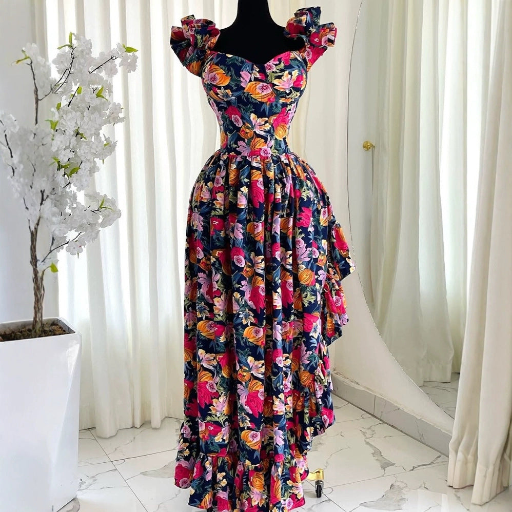 European and american cross-border women's fashion:  spring new arrivals - stylish v-neck printed high-waisted dress with lace sleeves and asymmetrical hem