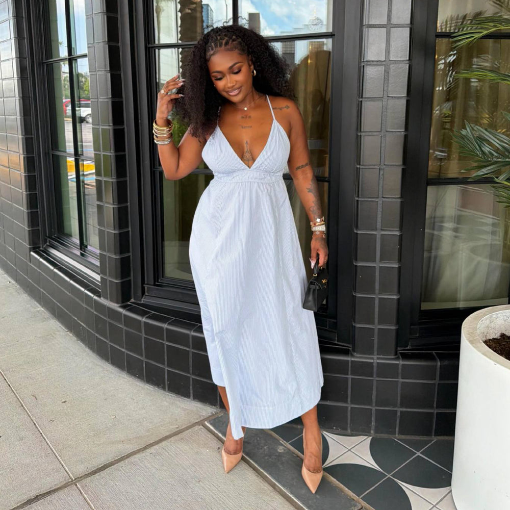 European and american cross-border women's fashion:  summer new arrival - chic v-neck striped high-waisted midi slip dress