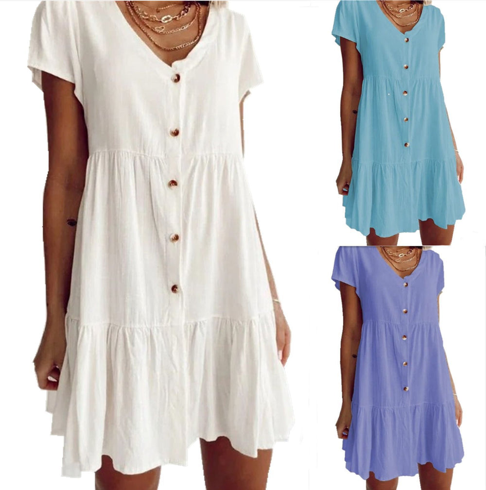 summer cotton linen white loose waist solid color short skirt slimming cotton dress