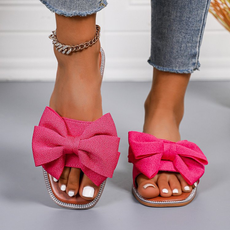 new flat rhinestone bow one-strap slippers women's outdoor wear solid color lightweight fabric sandals