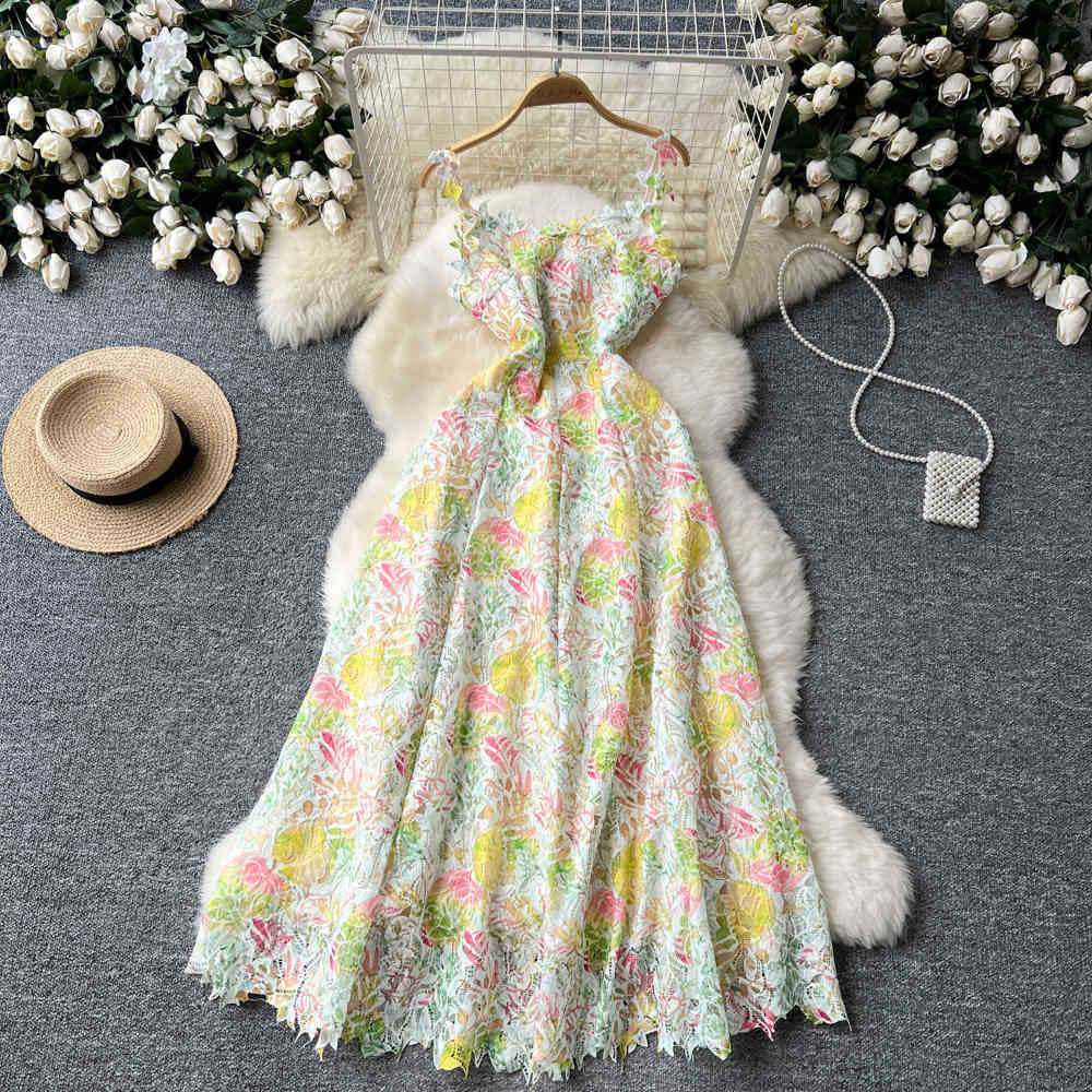 French court style floral print camisole dress - women's summer mesh hollow-out waist design, unique and chic maxi dress
