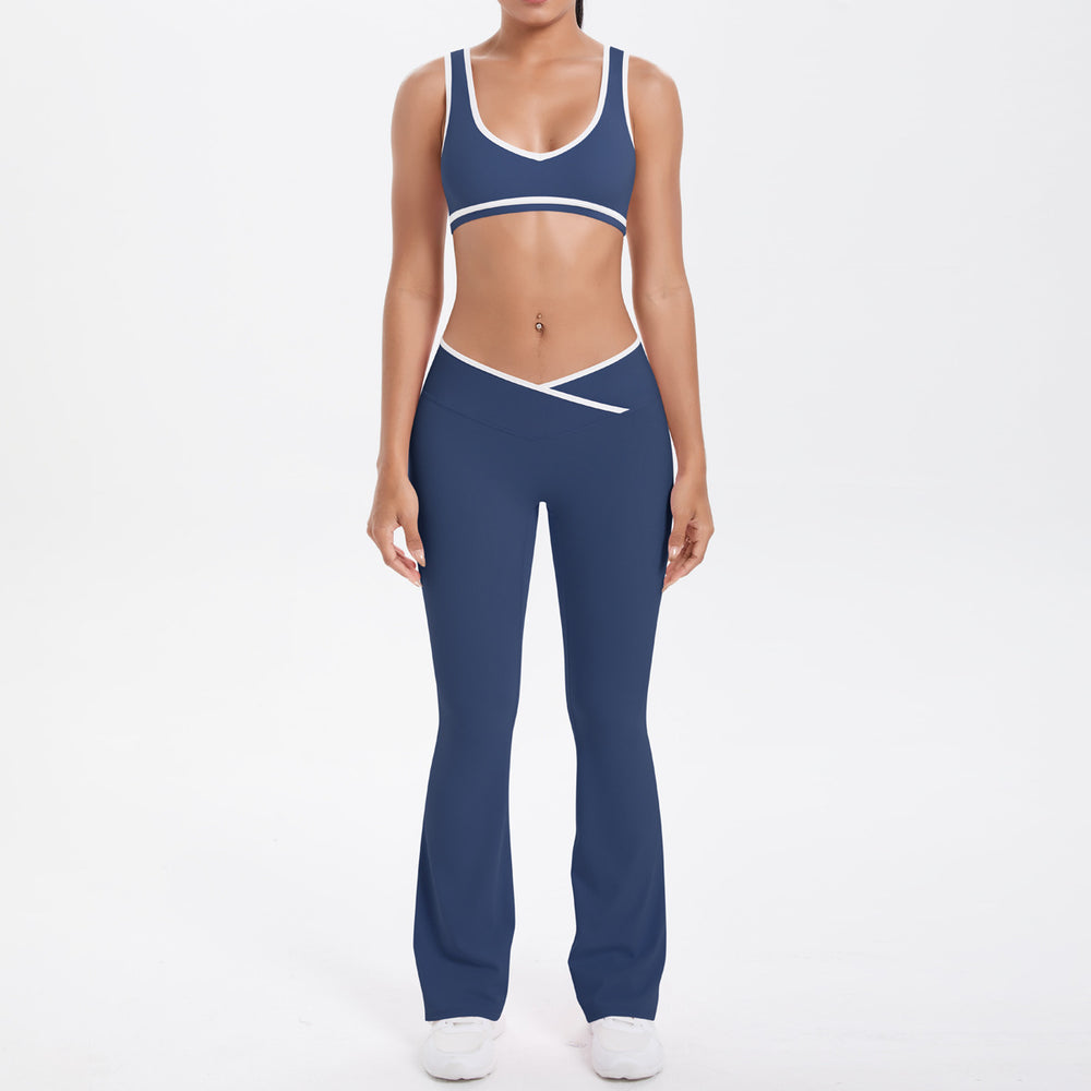 Cross high waist sports suit women's contrast color nude tight yoga clothes quick-drying breathable outdoor running fitness suit