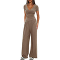 Amazon cross-border pure color 2-piece casualsuit warp knitted v neck short-sleeved loose pantscasualmatching sports suit
