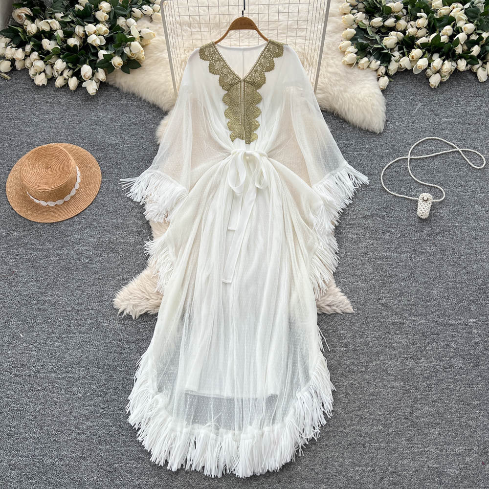 Fashionfashionableheavy industrylacepatchworkv neckbat sleeve strap waist dress women's vacation style tassel long skirt