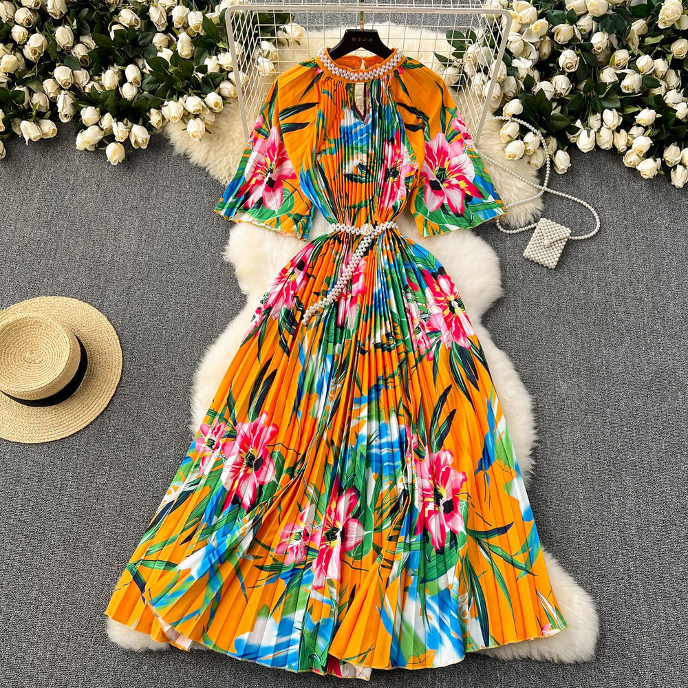 European and american high-end elegant dress - new women's beaded round neck short sleeve cinched waist loose pleated printed maxi dress