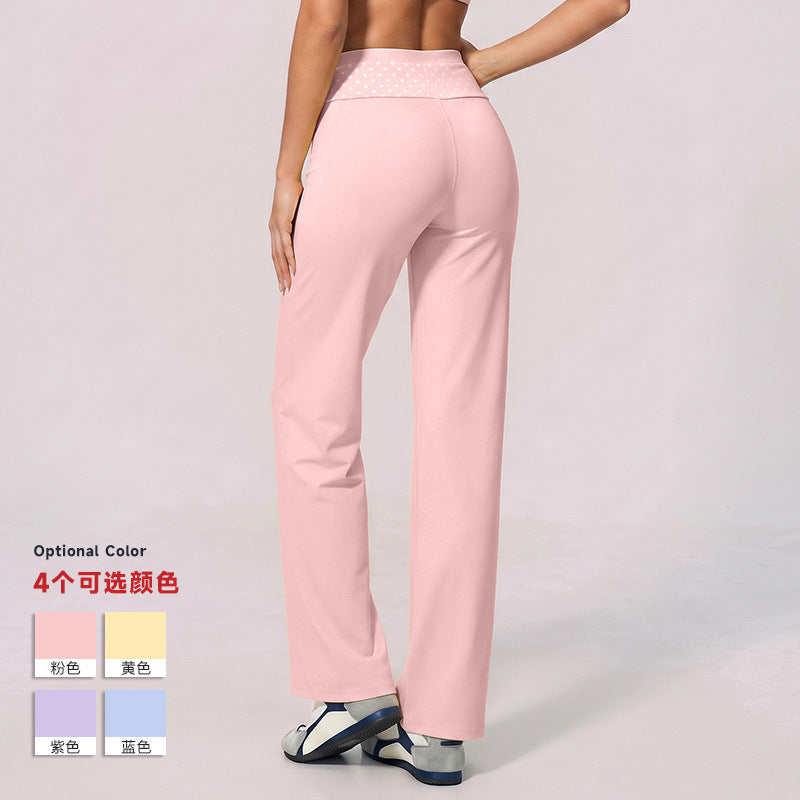 Custom nylon sports leggings with polka dot patchwork, faux two-piece wide leg design, high-waisted, tummy control, butt-lifting yoga pants