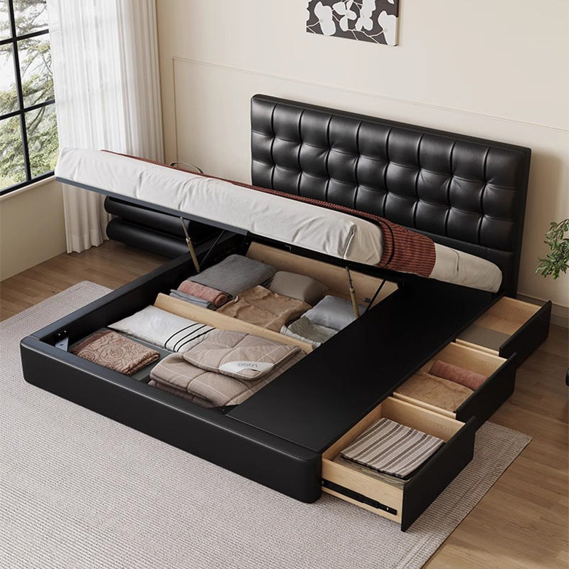 Source factory cream style leather bed small apartment master bedroom double bed with thin bedside black storage leather bed
