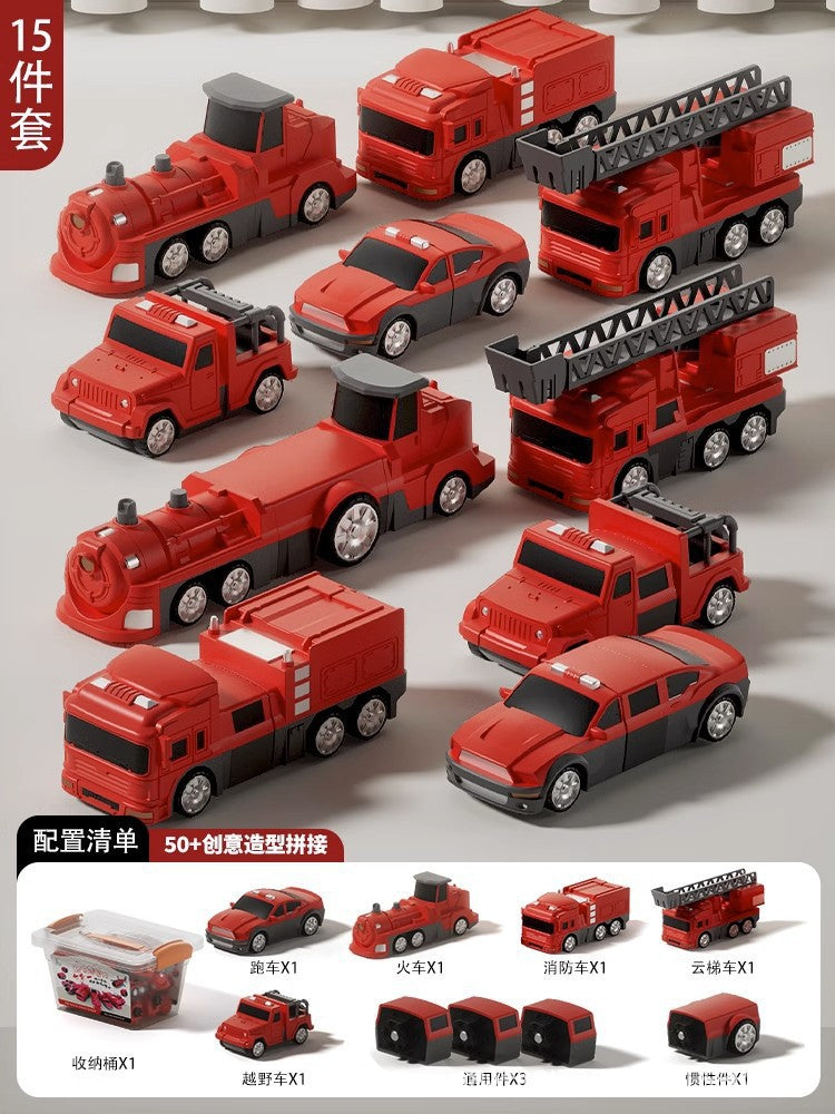 Kids' toy car set - construction vehicle transformation puzzle - fire truck included - perfect birthday gift for 3-4 year old boys