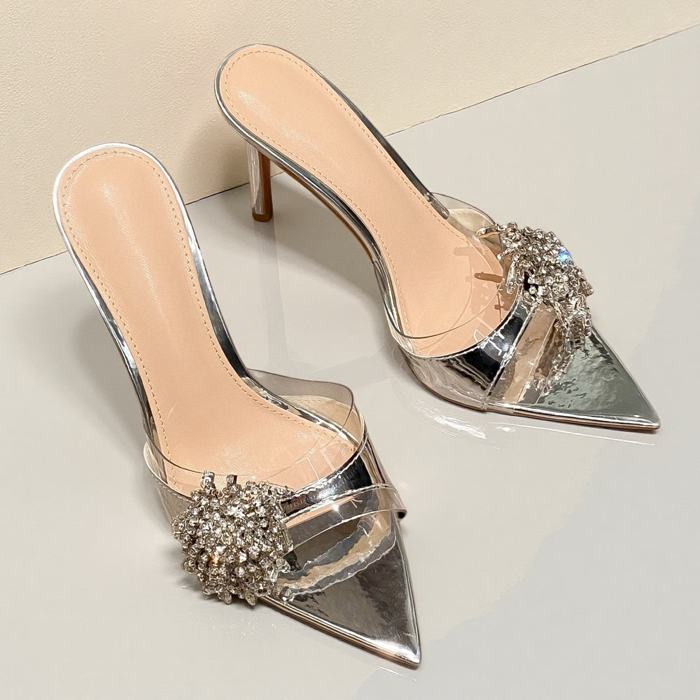 Yx2026 new silver pointed-toe rhinestone thong sandals - women's stiletto open-toe high heel mules - fashionable outdoor wear