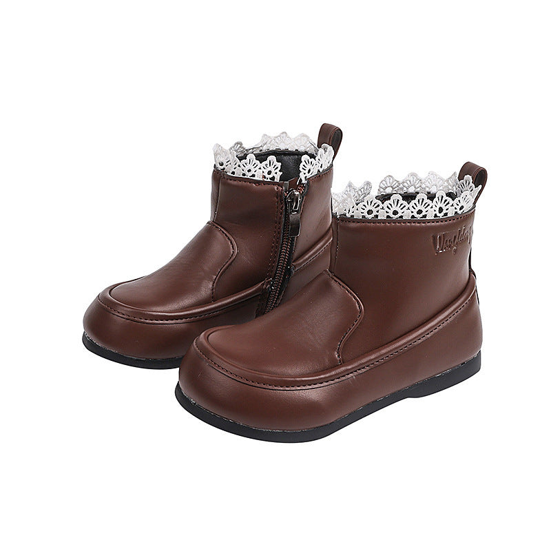Vancahao girls' lace-trimmed princess leather boots for autumn and winter  - korean style black ankle boots for kids and toddlers